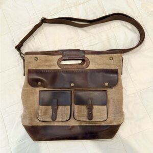 Wax Canvas and Brown Leather Messenger Bag